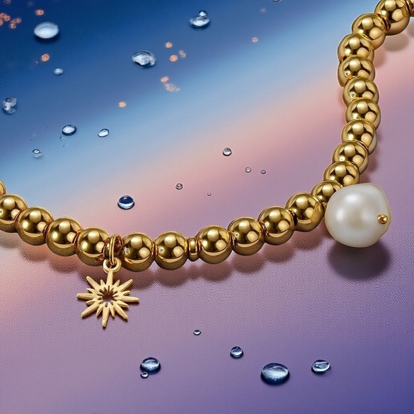 ๐๏ธ18K Gold Plated Stainless Steel Beaded Bracelet with Sun & Pearl Charms โจ - Picture 5 of 12